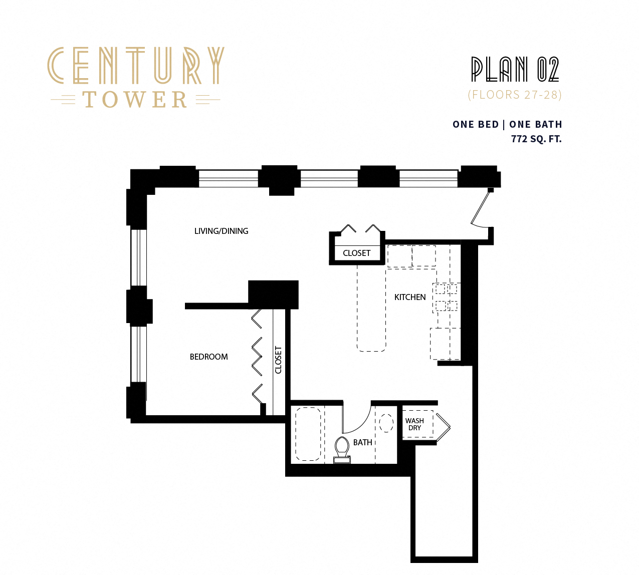 Floor plan for 1 bed, 1 bath, 772 sqft